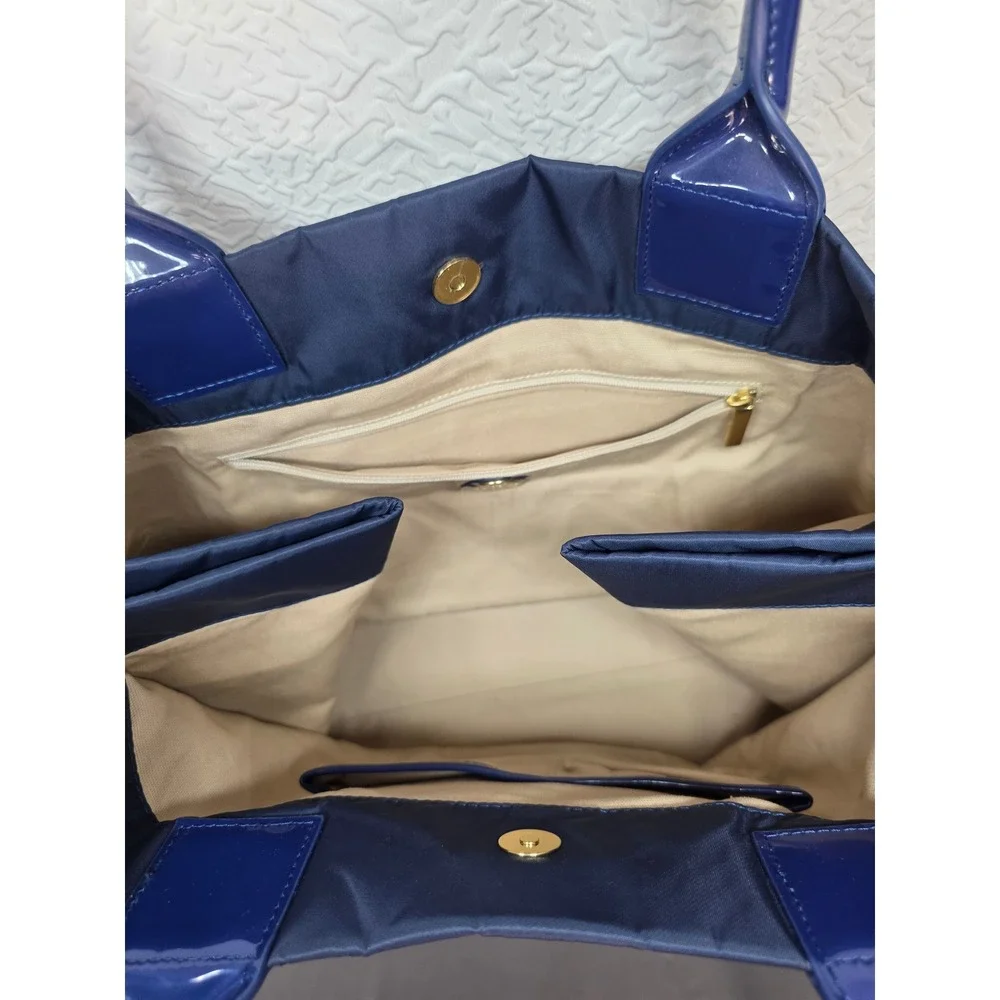 Tory Burch Ella Tote Bag Women Large Navy Blue Excellent Nylon Patent Leather